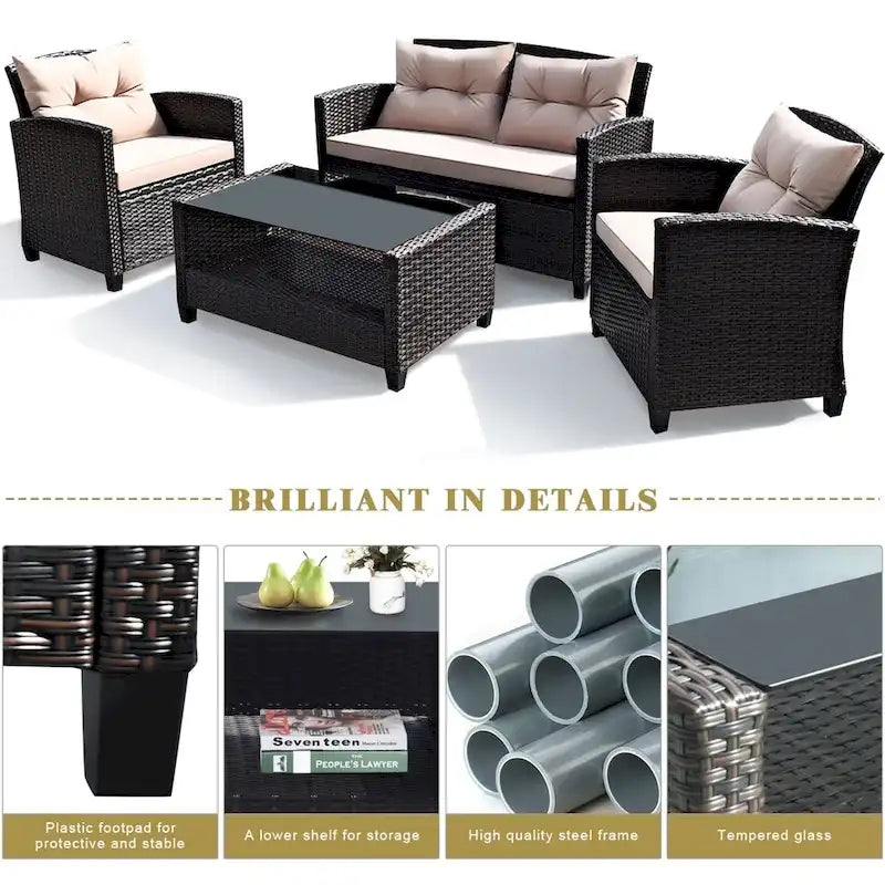 Outdoor Rattan Conversation Set 4 Pieces Patio wicker Chairs and Table