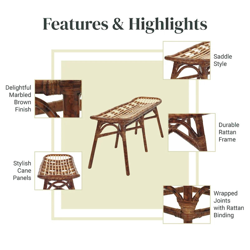 Rattan Bench – Marble Brown, Bamboo Legs, Single Seat