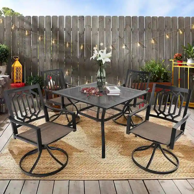 MFSTUDIO 5-Piece Patio Dining Set, 4 Sling Swivel Chairs and Multi Role Metal 37inch Square Table with 1.57  Umbrella Hole