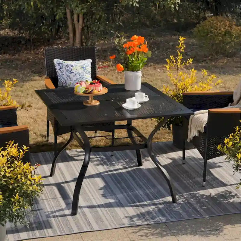 MFSTUDIO 5-Piece Patio Dining Set, 4 Sling Swivel Chairs and Multi Role Metal 37inch Square Table with 1.57  Umbrella Hole