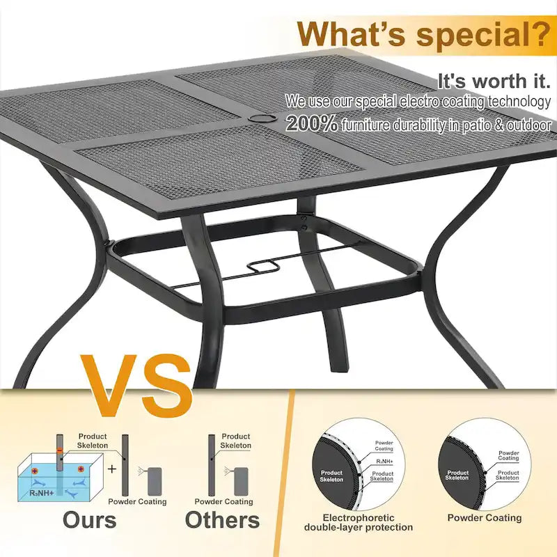 MFSTUDIO 5-Piece Patio Dining Set, 4 Sling Swivel Chairs and Multi Role Metal 37inch Square Table with 1.57  Umbrella Hole