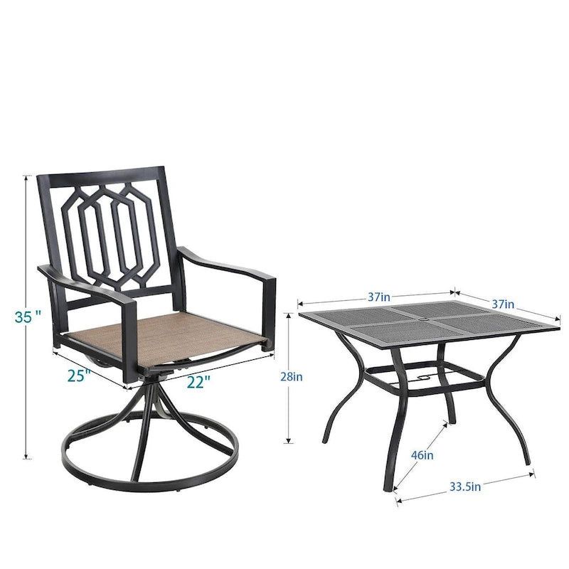MFSTUDIO 5-Piece Patio Dining Set, 4 Sling Swivel Chairs and Multi Role Metal 37inch Square Table with 1.57  Umbrella Hole