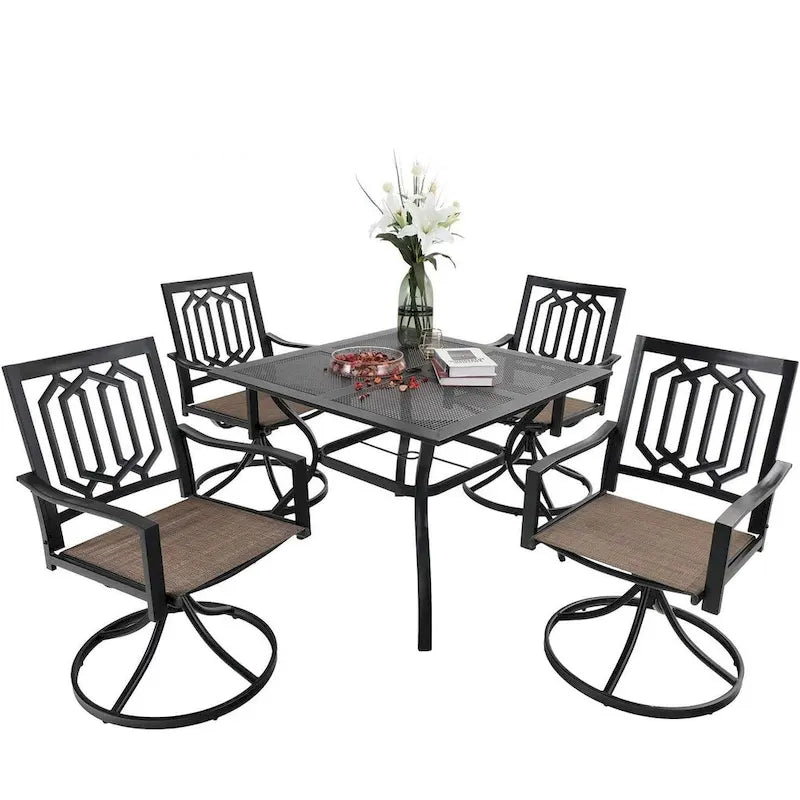 MFSTUDIO 5-Piece Patio Dining Set, 4 Sling Swivel Chairs and Multi Role Metal 37inch Square Table with 1.57  Umbrella Hole