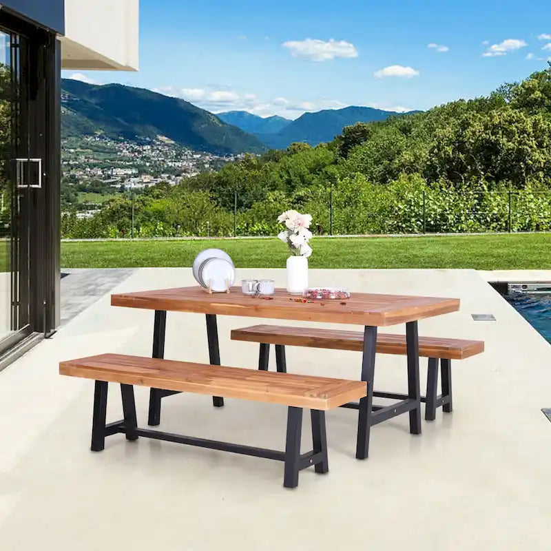 MAISON ARTS Sophia & William 3-Piece Patio Wooden Dining Set, 1 Wooden Table and 2 Wooden Benches