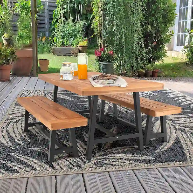 MAISON ARTS Sophia & William 3-Piece Patio Wooden Dining Set, 1 Wooden Table and 2 Wooden Benches