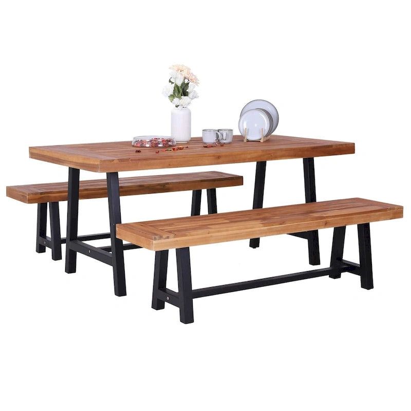MAISON ARTS Sophia & William 3-Piece Patio Wooden Dining Set, 1 Wooden Table and 2 Wooden Benches