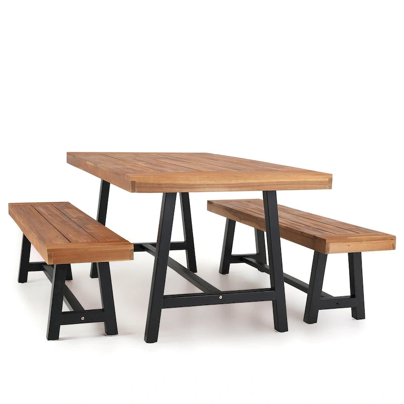 MAISON ARTS Sophia & William 3-Piece Patio Wooden Dining Set, 1 Wooden Table and 2 Wooden Benches