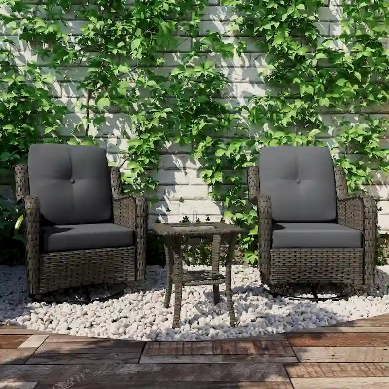 3 Piece Rattan Patio Bistro Set Outdoor Swivel Rocker Chairs