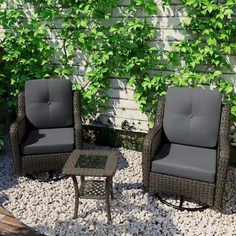 3 Piece Rattan Patio Bistro Set Outdoor Swivel Rocker Chairs