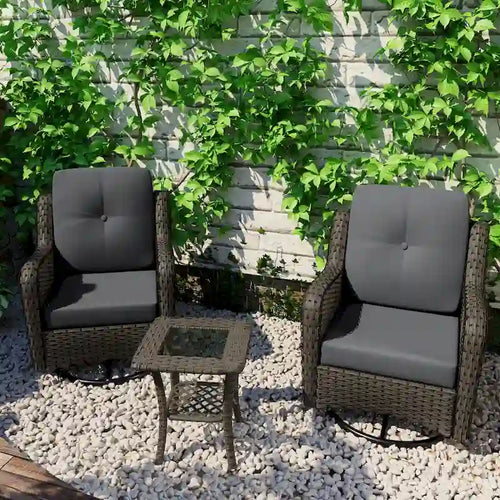 3 Piece Rattan Patio Bistro Set Outdoor Swivel Rocker Chairs