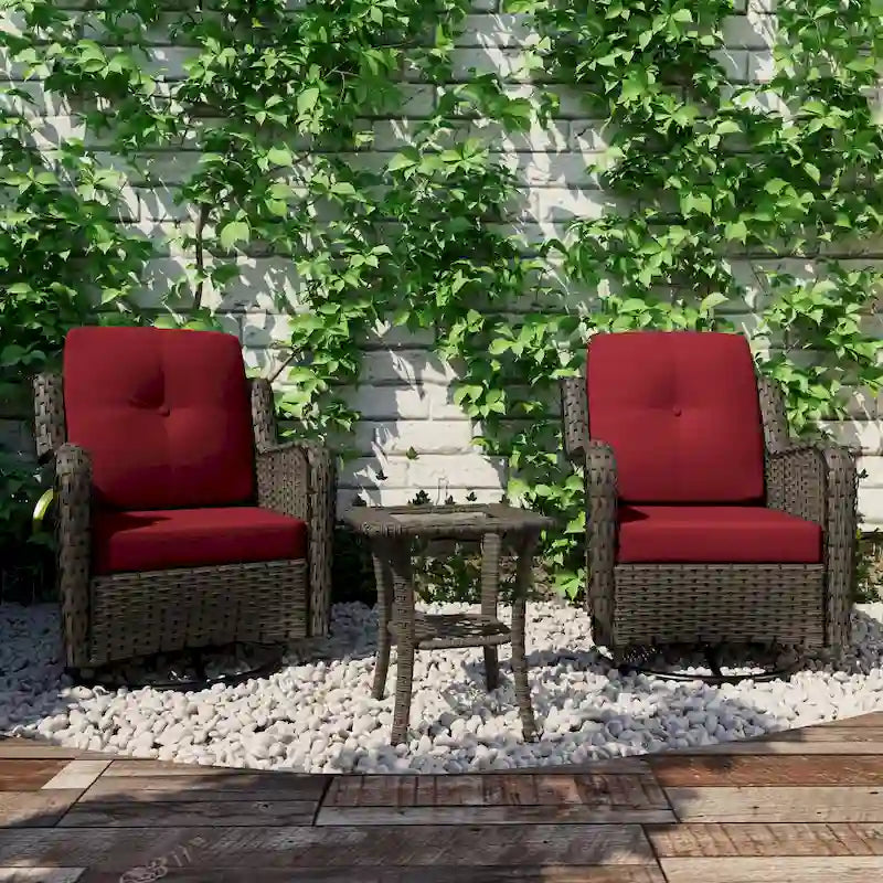 3 Piece Rattan Patio Bistro Set Outdoor Swivel Rocker Chairs
