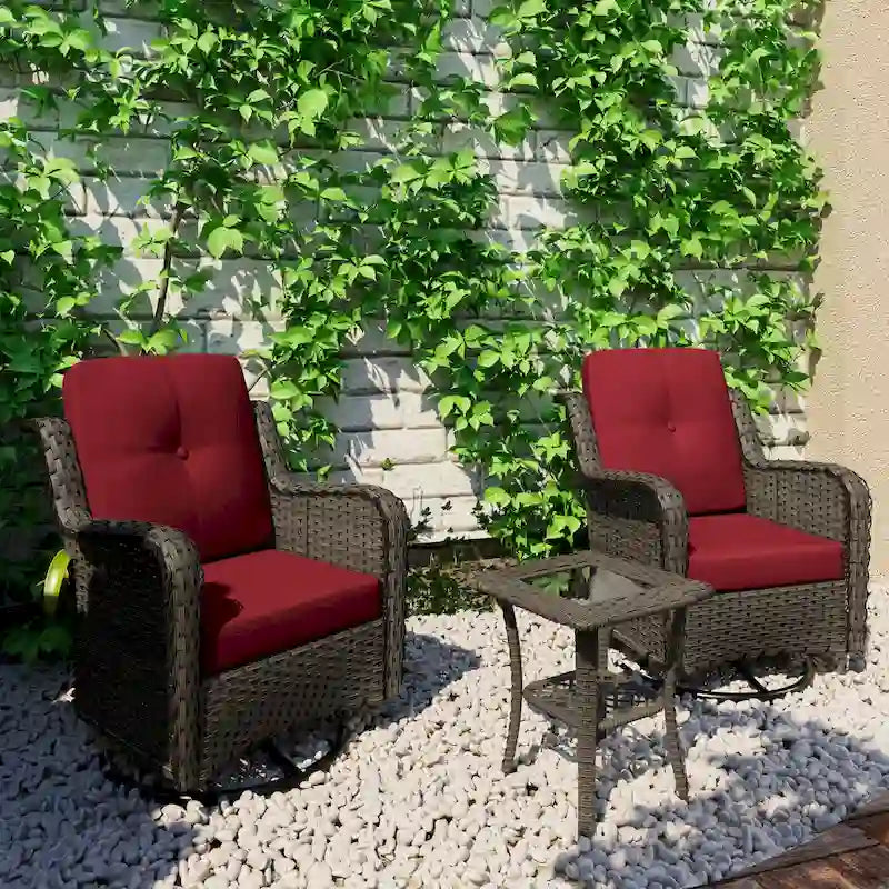 3 Piece Rattan Patio Bistro Set Outdoor Swivel Rocker Chairs