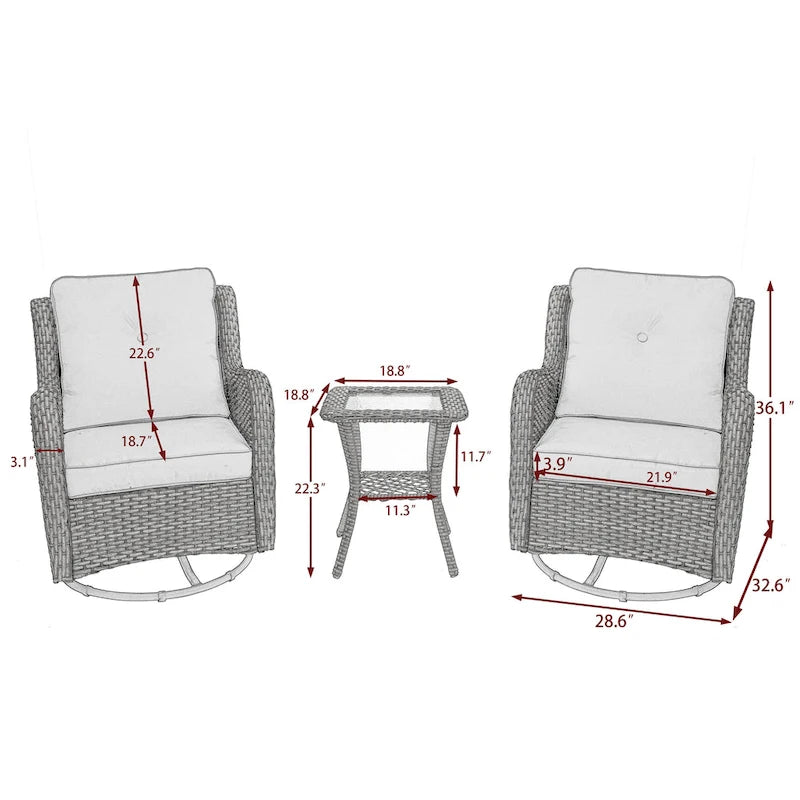 3 Piece Rattan Patio Bistro Set Outdoor Swivel Rocker Chairs