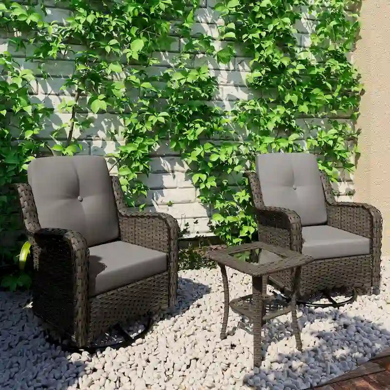 3 Piece Rattan Patio Bistro Set Outdoor Swivel Rocker Chairs