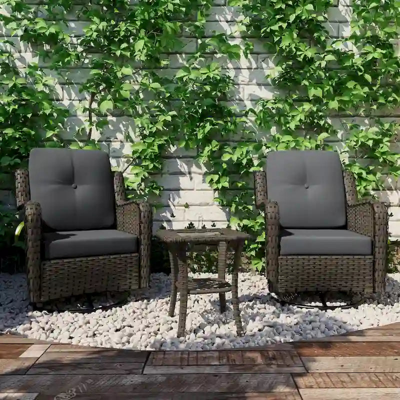 3 Piece Rattan Patio Bistro Set Outdoor Swivel Rocker Chairs