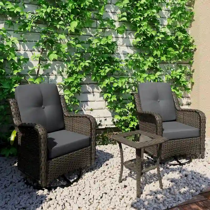 3 Piece Rattan Patio Bistro Set Outdoor Swivel Rocker Chairs