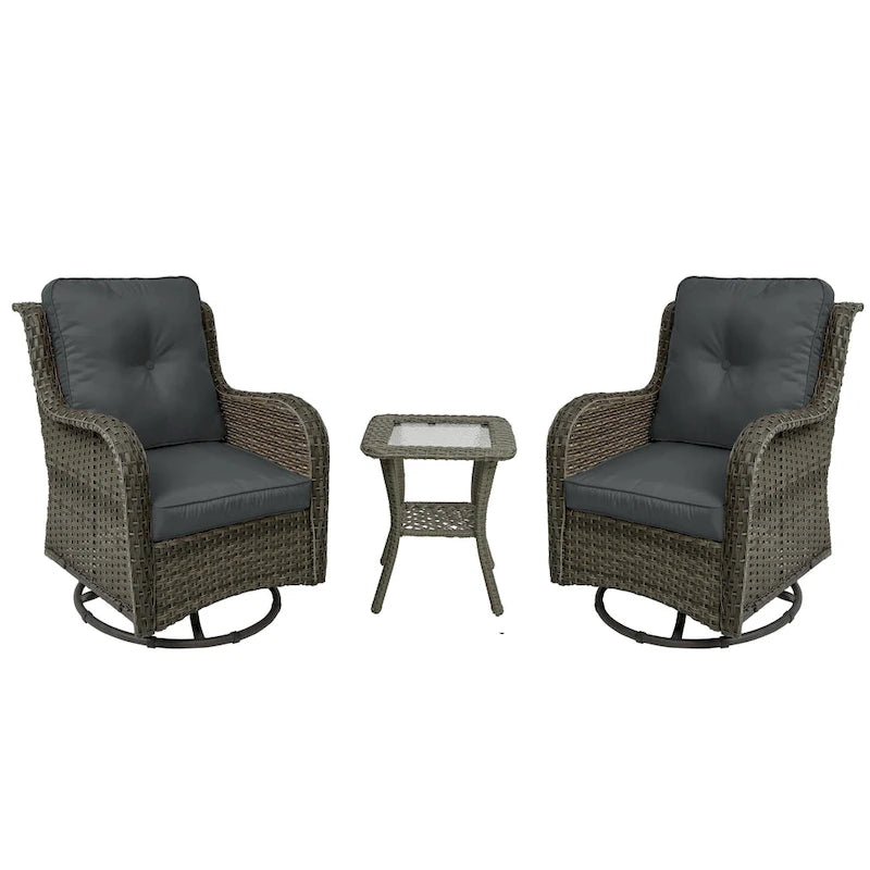3 Piece Rattan Patio Bistro Set Outdoor Swivel Rocker Chairs