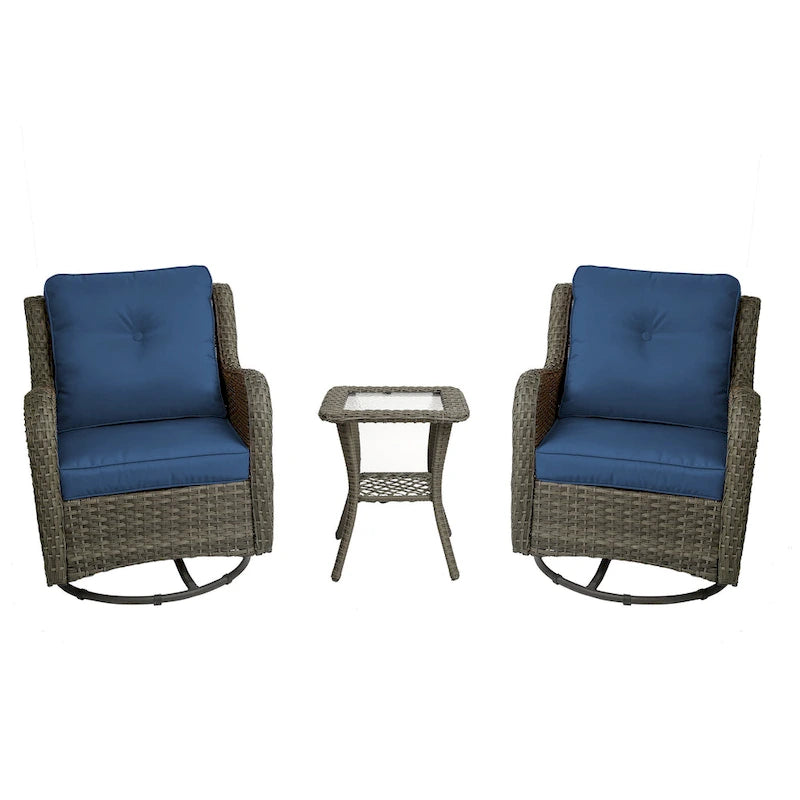 3 Piece Rattan Patio Bistro Set Outdoor Swivel Rocker Chairs