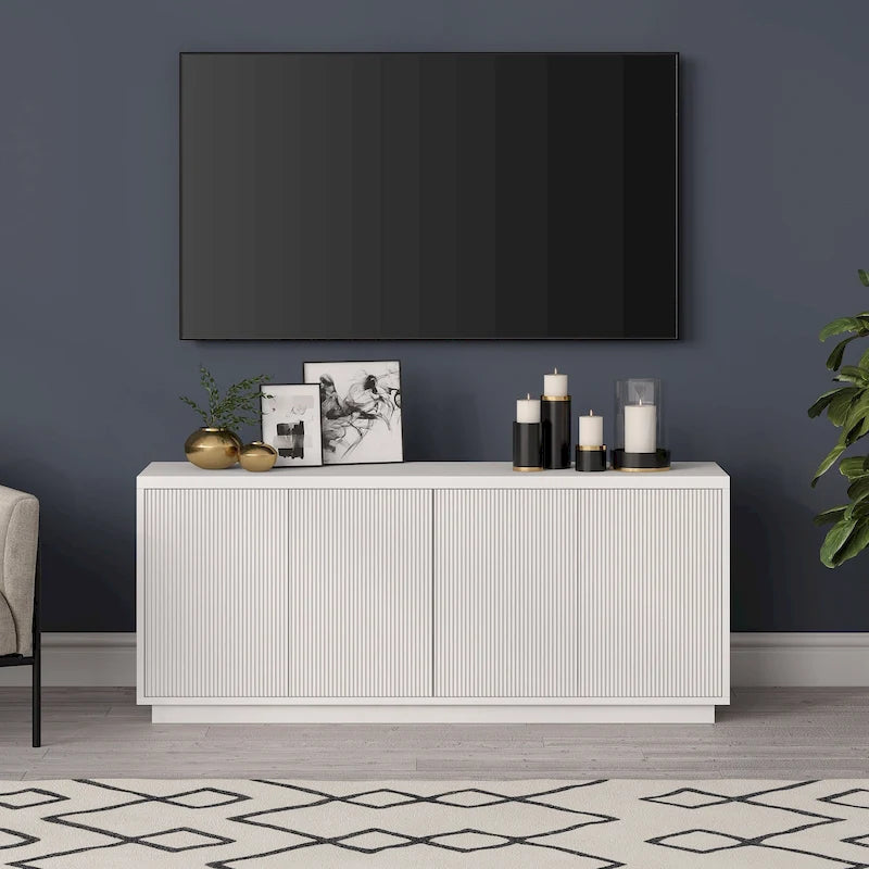 Rectangular TV Stand with Cabinet Doors – White / Black Grain / Alder White, Fits up to 65" TV