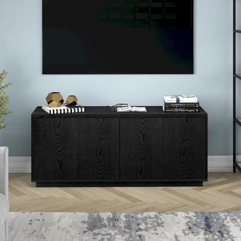 Rectangular TV Stand with Cabinet Doors – White / Black Grain / Alder White, Fits up to 65" TV