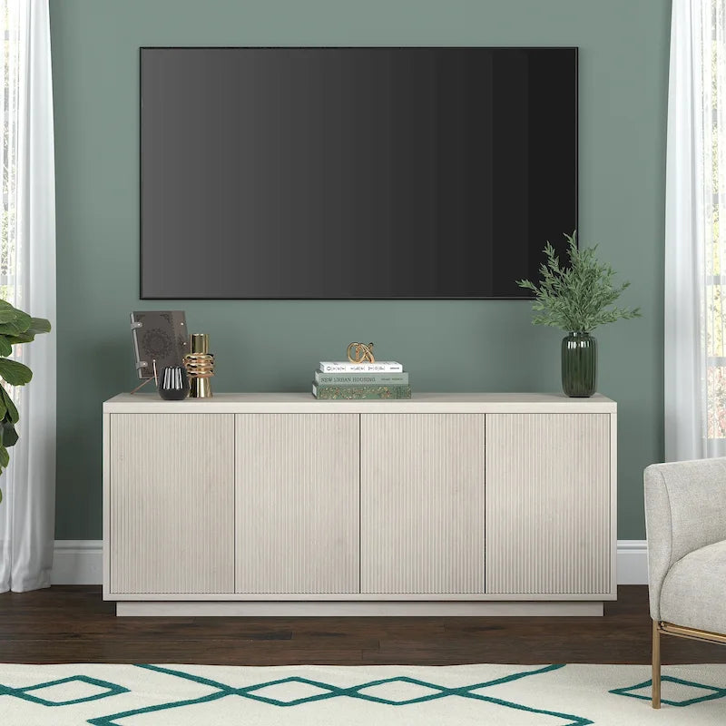 Rectangular TV Stand with Cabinet Doors – White / Black Grain / Alder White, Fits up to 65" TV