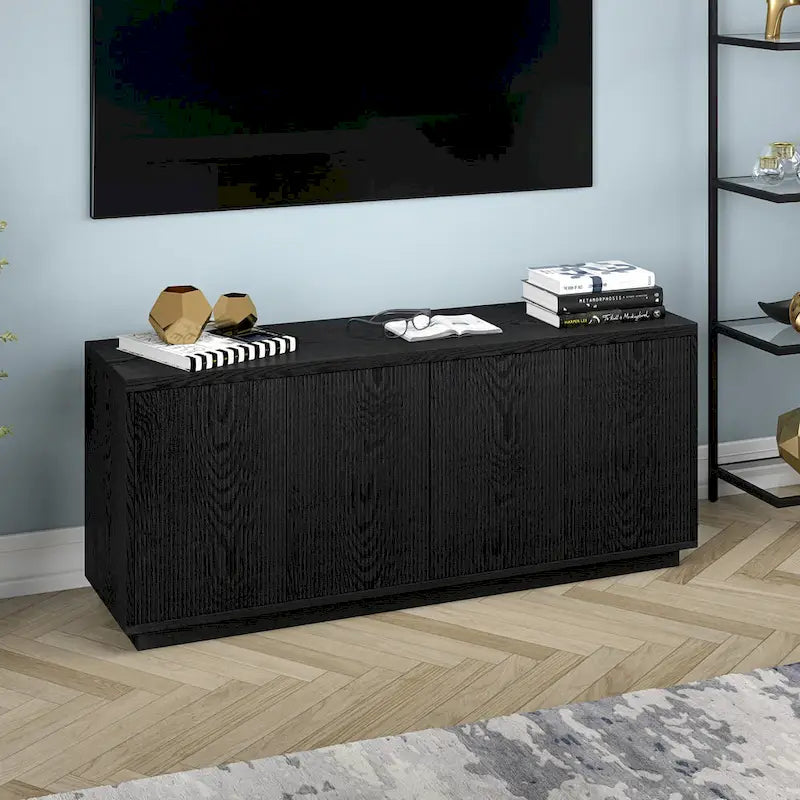 Rectangular TV Stand with Cabinet Doors – White / Black Grain / Alder White, Fits up to 65" TV