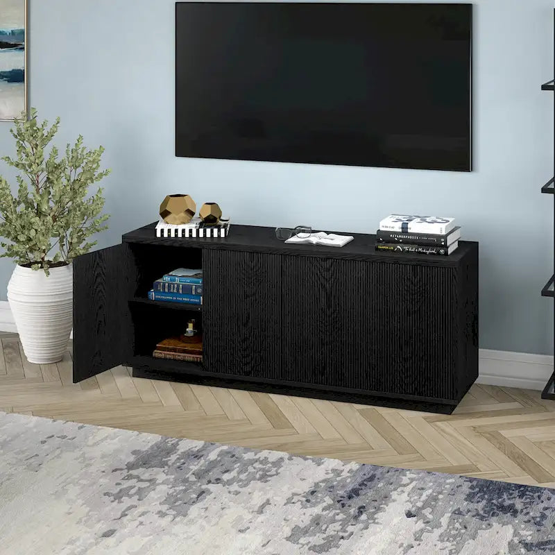 Rectangular TV Stand with Cabinet Doors – White / Black Grain / Alder White, Fits up to 65" TV