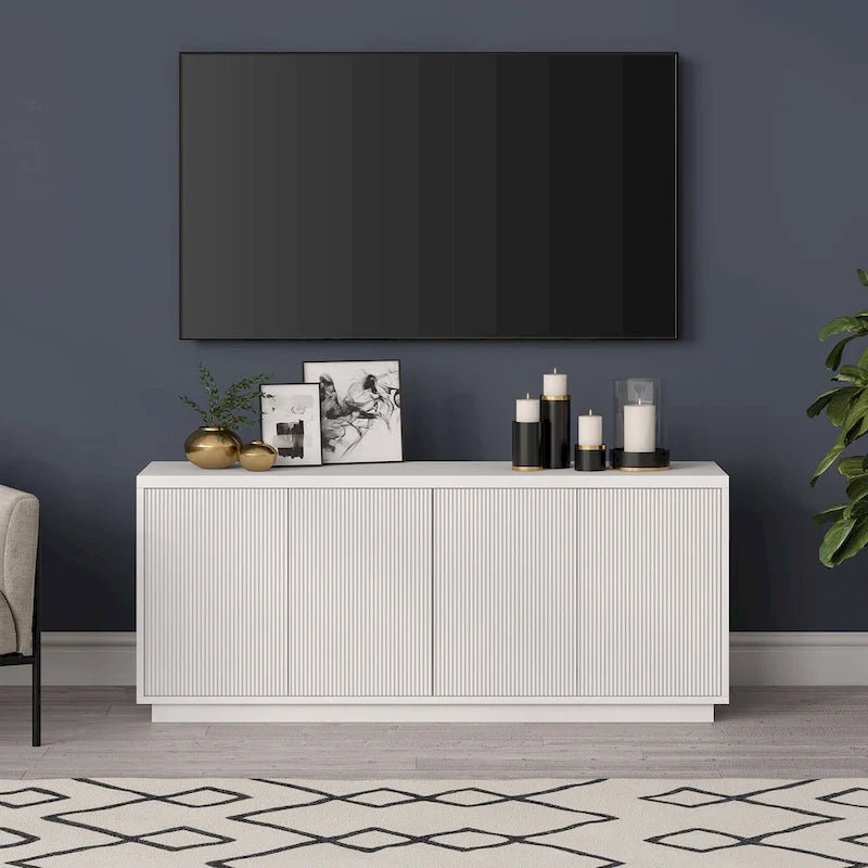 Rectangular TV Stand with Cabinet Doors – White / Black Grain / Alder White, Fits up to 65" TV