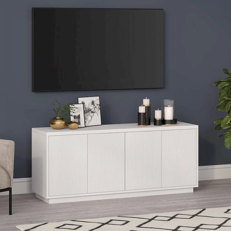 Rectangular TV Stand with Cabinet Doors – White / Black Grain / Alder White, Fits up to 65" TV