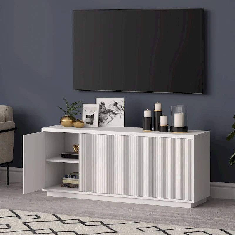 Rectangular TV Stand with Cabinet Doors – White / Black Grain / Alder White, Fits up to 65" TV