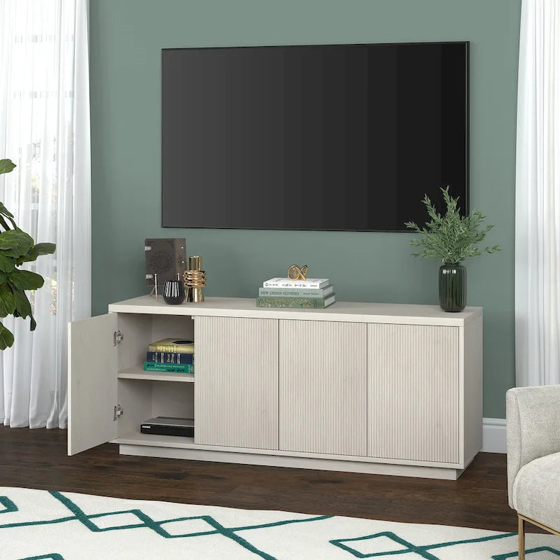 Rectangular TV Stand with Cabinet Doors – White / Black Grain / Alder White, Fits up to 65" TV