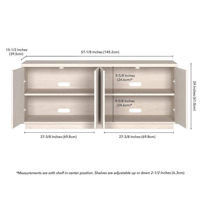 Rectangular TV Stand with Cabinet Doors – White / Black Grain / Alder White, Fits up to 65" TV