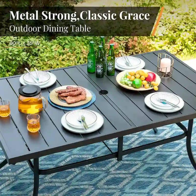 MAISON ARTS Patio Dining Set 7 Piece Metal Rectangle Patio Table with 2.6  Umbrella Hole and 6 Metal Dining Chairs, Black