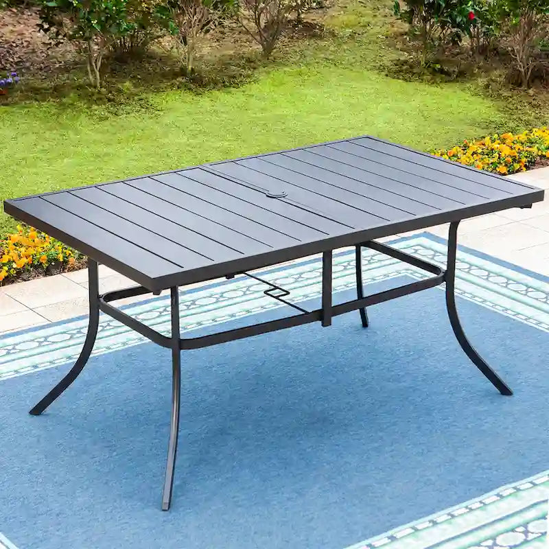 MAISON ARTS Patio Dining Set 7 Piece Metal Rectangle Patio Table with 2.6  Umbrella Hole and 6 Metal Dining Chairs, Black