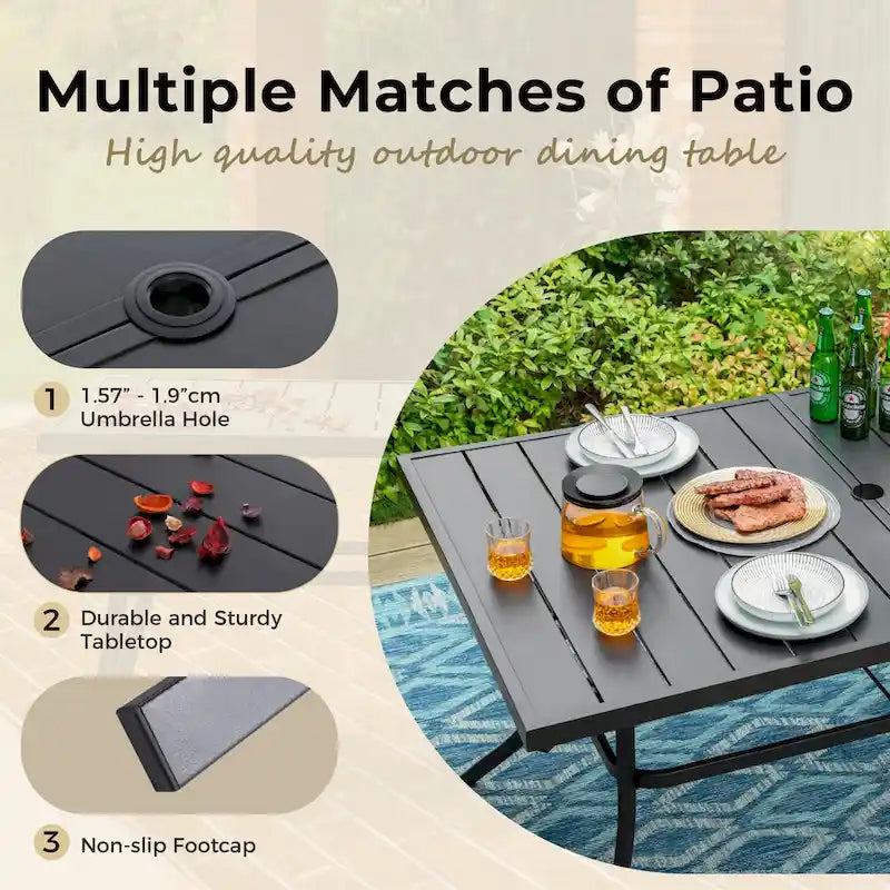 MAISON ARTS Patio Dining Set 7 Piece Metal Rectangle Patio Table with 2.6  Umbrella Hole and 6 Metal Dining Chairs, Black