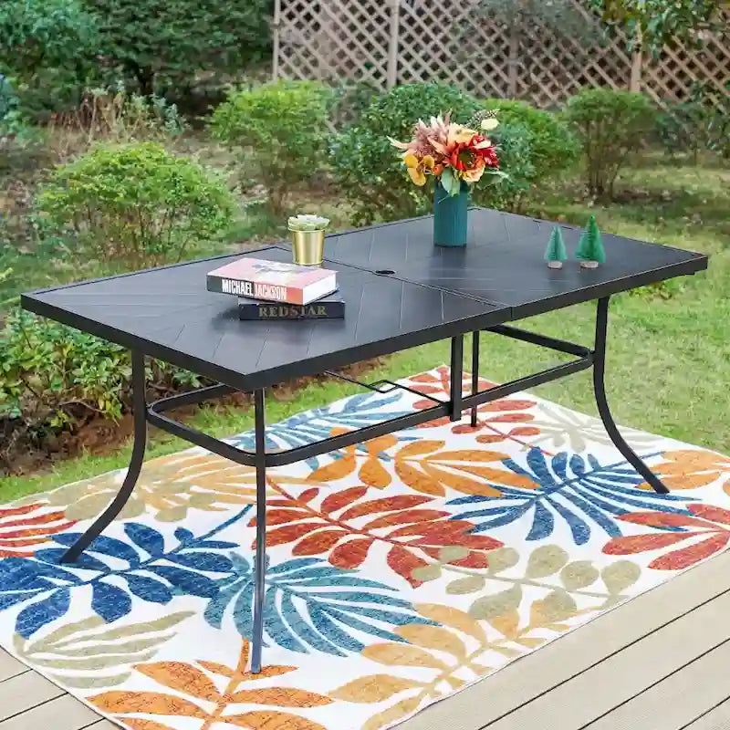 MAISON ARTS Patio Dining Set 7 Piece Metal Rectangle Patio Table with 2.6  Umbrella Hole and 6 Metal Dining Chairs, Black