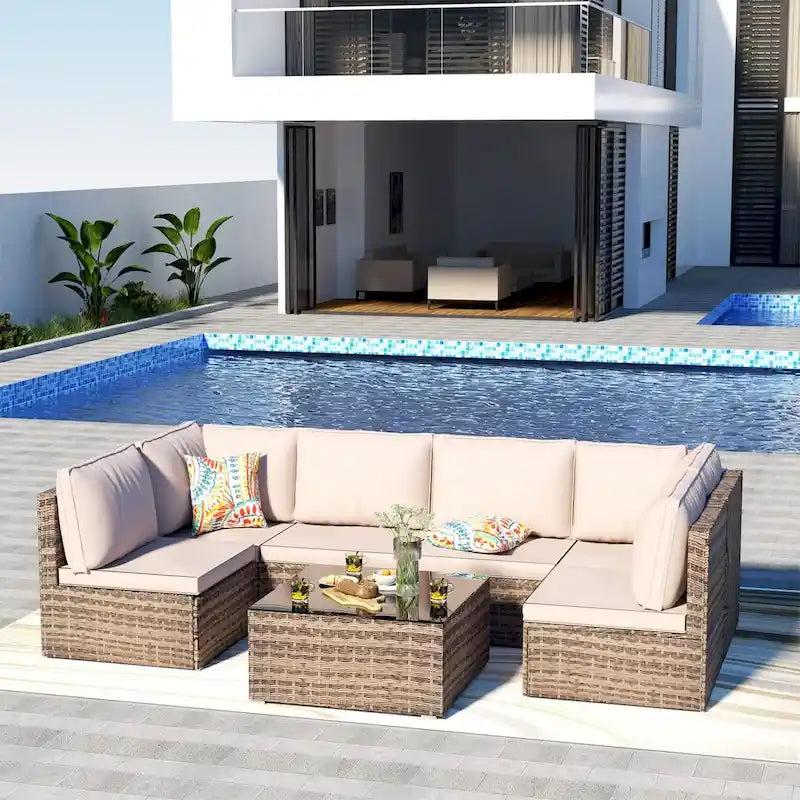Outdoor Wicker 7-Piece Conversation Sofa Set with Cushions