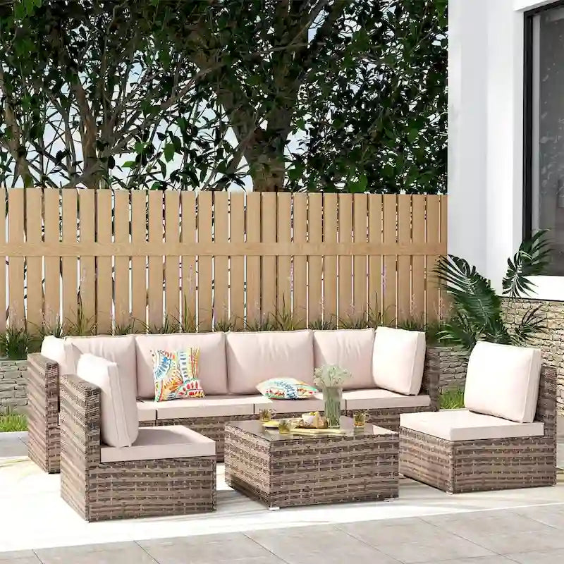 Outdoor Wicker 7-Piece Conversation Sofa Set with Cushions
