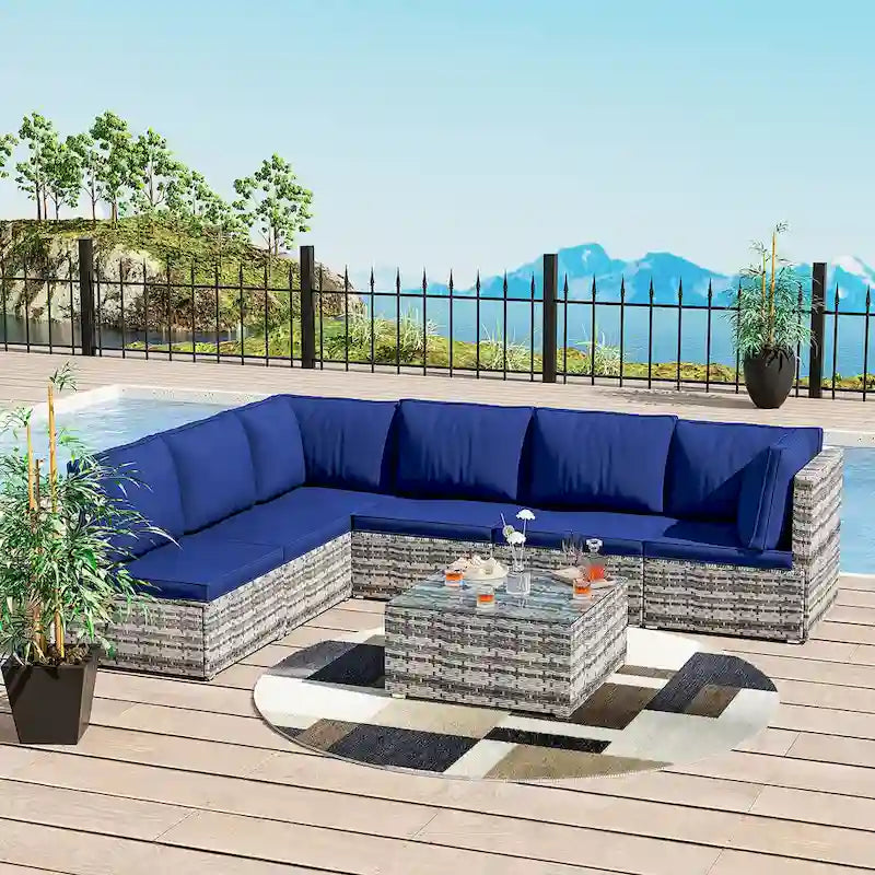 Outdoor Wicker 7-Piece Conversation Sofa Set with Cushions