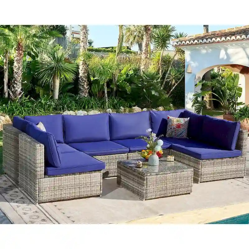 Outdoor Wicker 7-Piece Conversation Sofa Set with Cushions