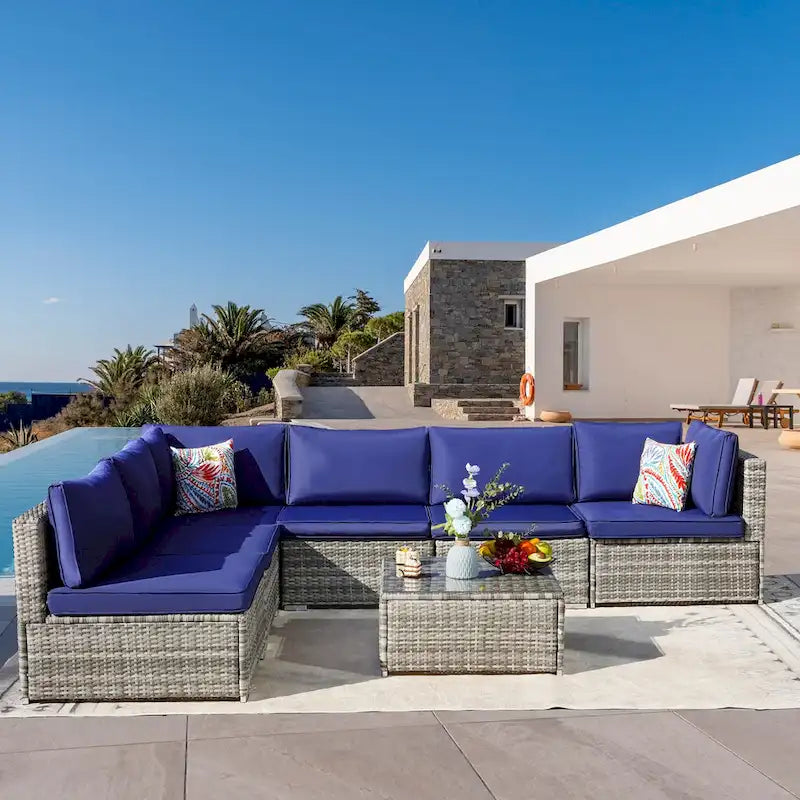 Outdoor Wicker 7-Piece Conversation Sofa Set with Cushions