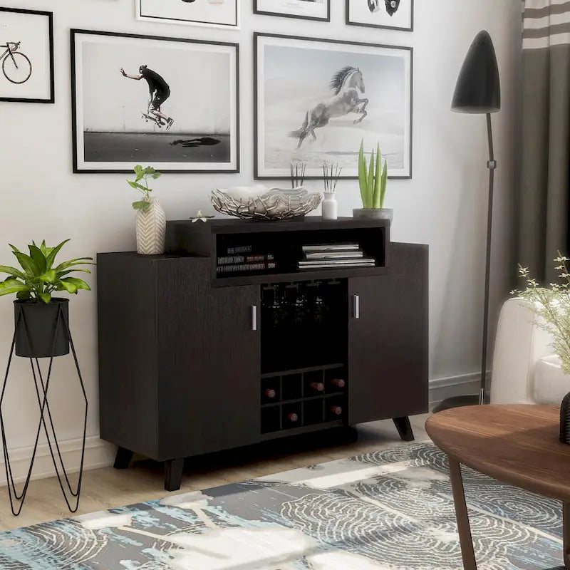 Wine Cabinet Buffet with 8-Bottle Rack and Stemware Storage – Black / Cappuccino