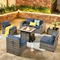 OVIOS Patio Wicker Furniture Wide Arm 7-piece Fire Pit Set with Table