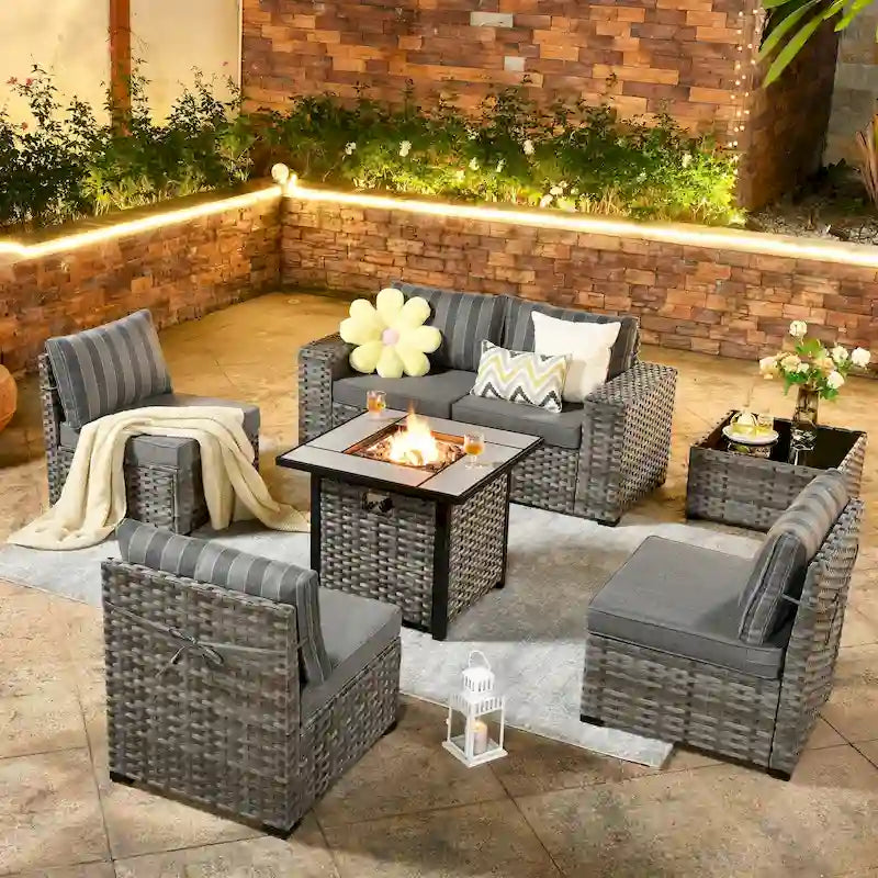 OVIOS Patio Wicker Furniture Wide Arm 7-piece Fire Pit Set with Table