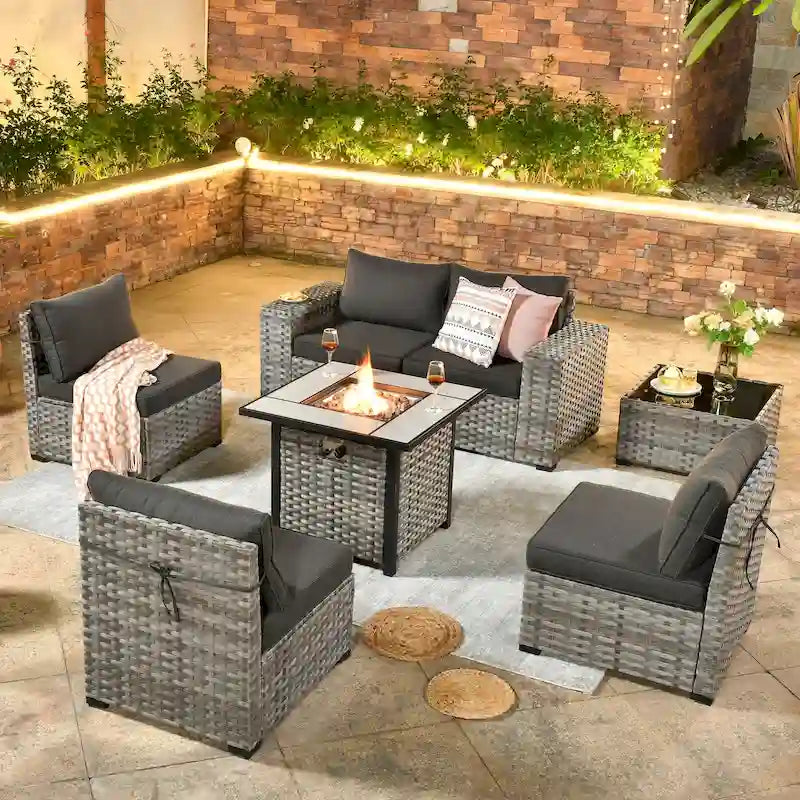 OVIOS Patio Wicker Furniture Wide Arm 7-piece Fire Pit Set with Table