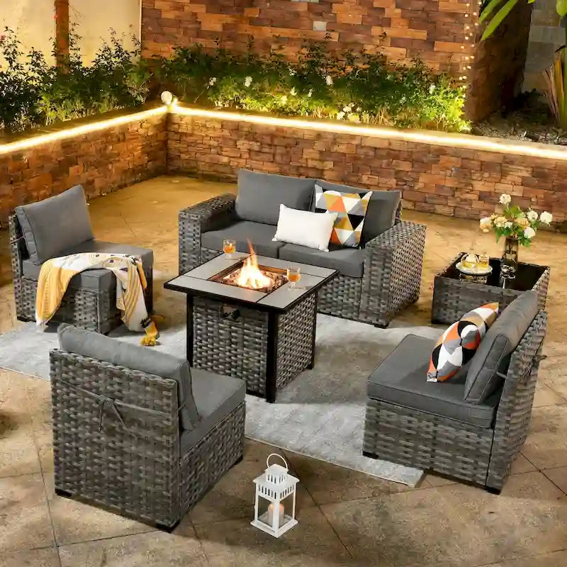 OVIOS Patio Wicker Furniture Wide Arm 7-piece Fire Pit Set with Table