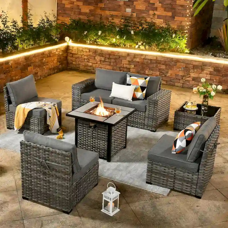 OVIOS Patio Wicker Furniture Wide Arm 7-piece Fire Pit Set with Table