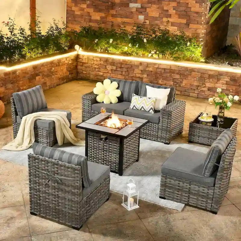 OVIOS Patio Wicker Furniture Wide Arm 7-piece Fire Pit Set with Table