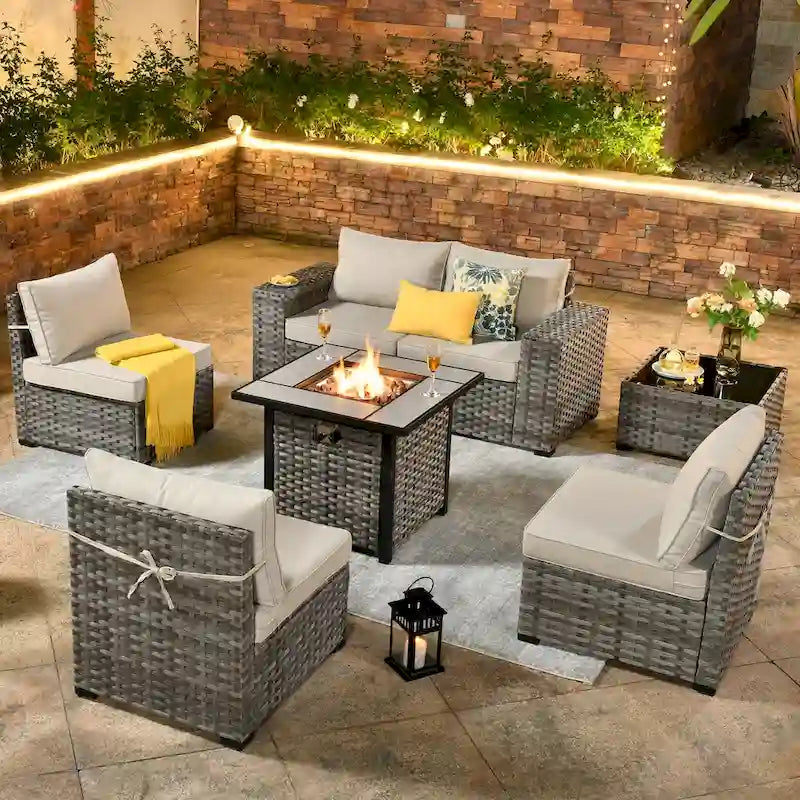 OVIOS Patio Wicker Furniture Wide Arm 7-piece Fire Pit Set with Table