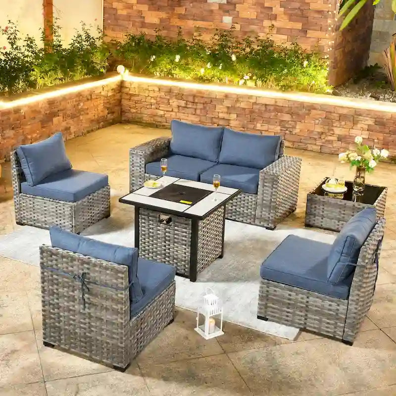 OVIOS Patio Wicker Furniture Wide Arm 7-piece Fire Pit Set with Table